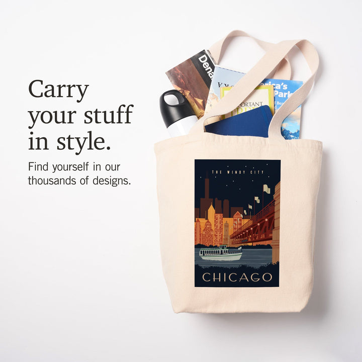 Chicago, Illinois, Vector, Ferry and Skyline Across Water, Tote Bag Totes Lantern Press 