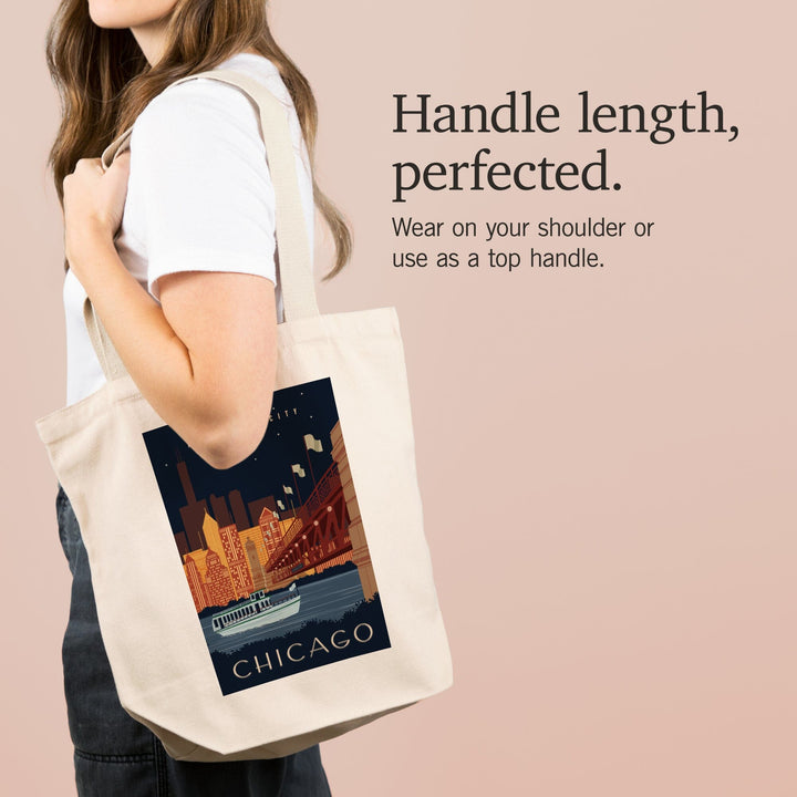 Chicago, Illinois, Vector, Ferry and Skyline Across Water, Tote Bag Totes Lantern Press 