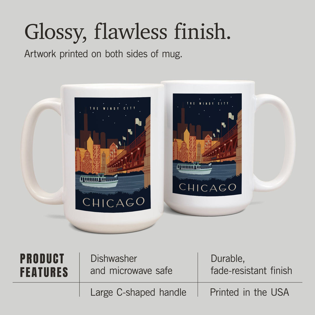 Chicago, Illinois, Vector, Ferry & Skyline Across Water, Lantern Press Artwork, Ceramic Mug Mugs Lantern Press 