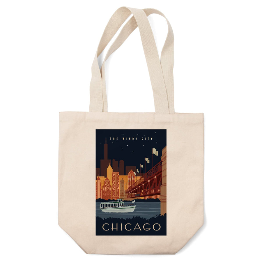 Chicago, Illinois, Vector, Ferry & Skyline Across Water, Lantern Press Artwork, Tote Bag Totes Lantern Press 
