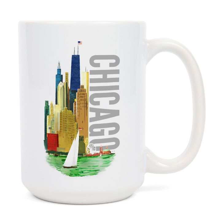 Chicago, Illinois, Vintage Watercolor Skyline, Bright Colors, Lantern Press Artwork, Ceramic Mug Mugs Lantern Press 