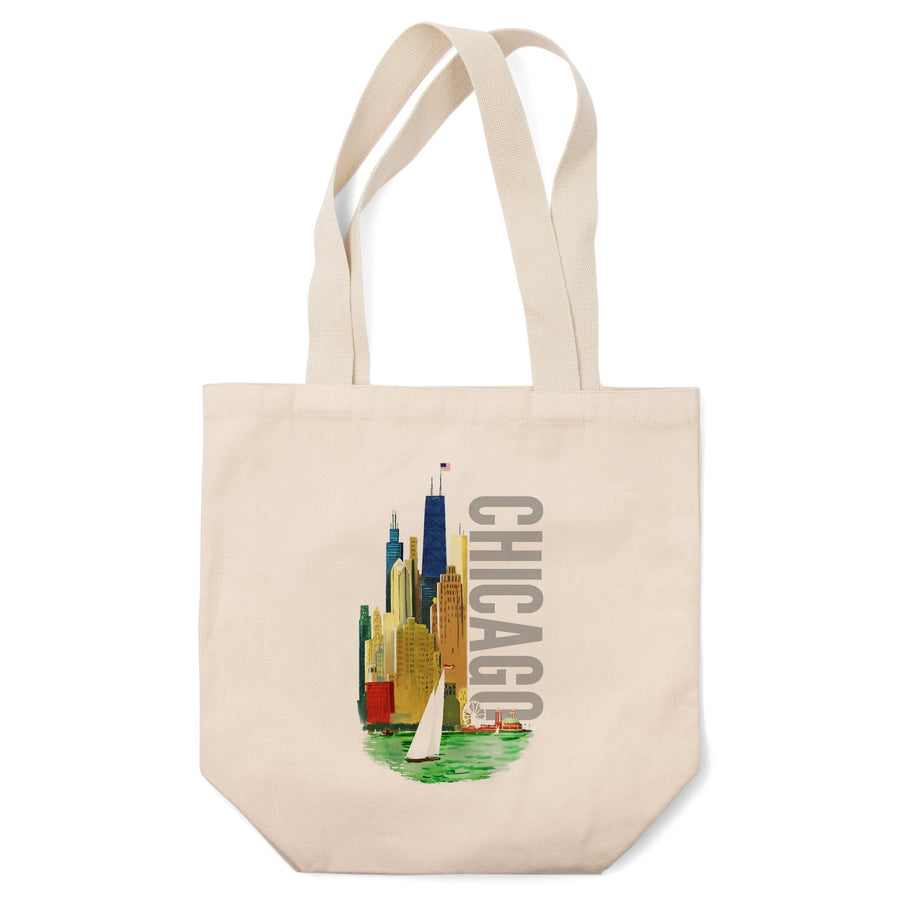 Chicago, Illinois, Vintage Watercolor Skyline, Bright Colors, Lantern Press Artwork, Tote Bag Totes Lantern Press 