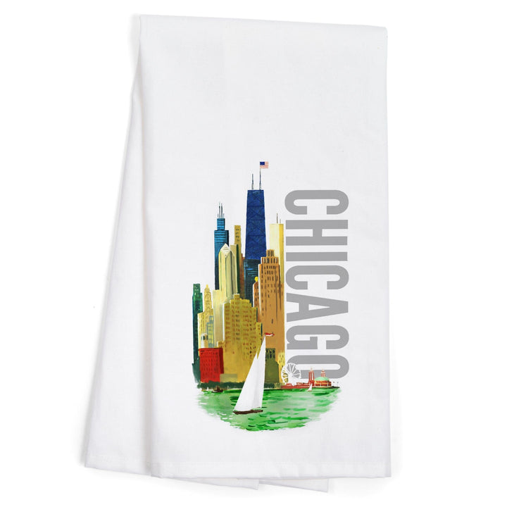 Chicago, Illinois, Vintage Watercolor Skyline, Bright Colors, Organic Cotton Kitchen Tea Towels Kitchen Lantern Press 