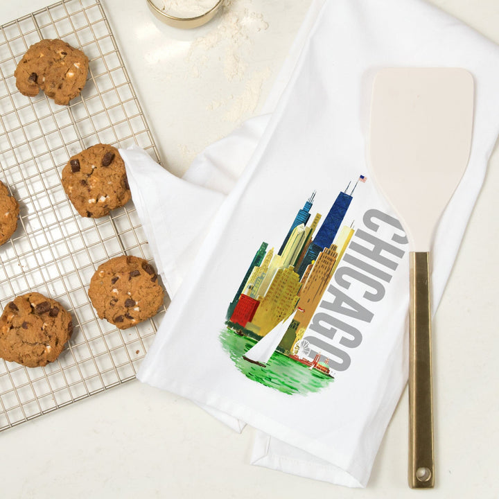 Chicago, Illinois, Vintage Watercolor Skyline, Bright Colors, Organic Cotton Kitchen Tea Towels Kitchen Lantern Press 