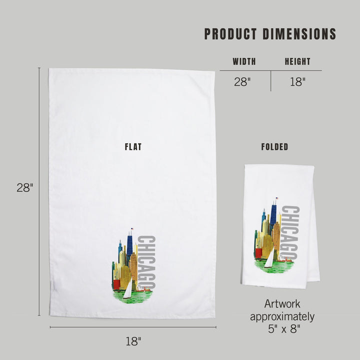 Chicago, Illinois, Vintage Watercolor Skyline, Bright Colors, Organic Cotton Kitchen Tea Towels Kitchen Lantern Press 