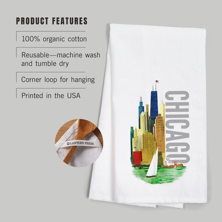 Chicago, Illinois, Vintage Watercolor Skyline, Bright Colors, Organic Cotton Kitchen Tea Towels Kitchen Lantern Press 