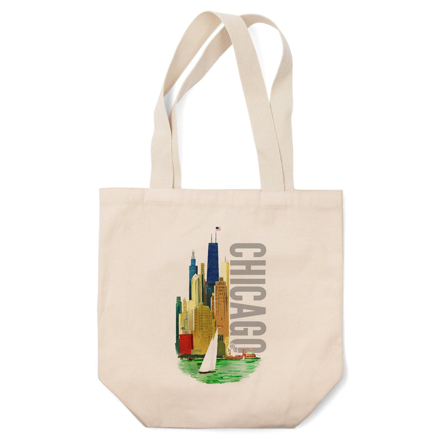 Chicago, Illinois, Vintage Watercolor Skyline, Bright Colors, Tote Bag Totes Lantern Press 