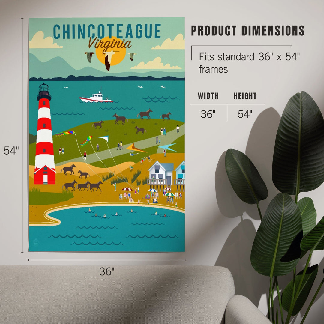 Chinconteague, Virginia, Beach, Ocean, and Lighthouse, Geometric, Art & Giclee Prints Art Lantern Press 