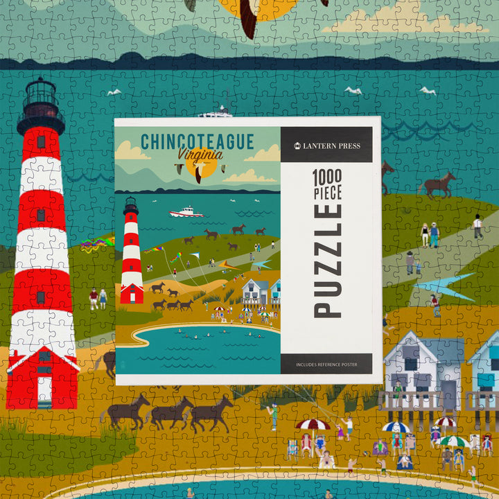 Chinconteague, Virginia, Beach, Ocean, and Lighthouse, Geometric, Jigsaw Puzzle Puzzle Lantern Press 
