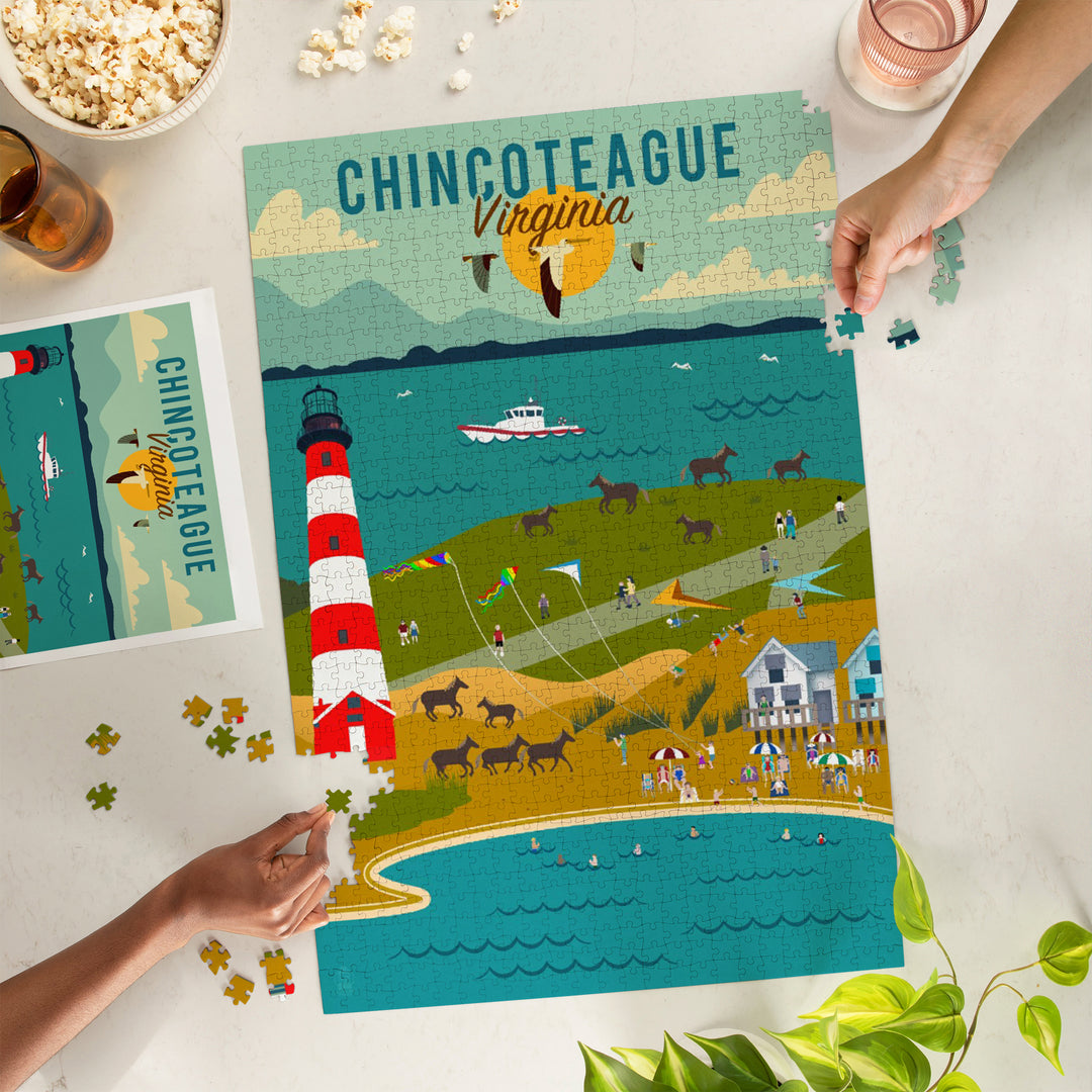 Chinconteague, Virginia, Beach, Ocean, and Lighthouse, Geometric, Jigsaw Puzzle Puzzle Lantern Press 