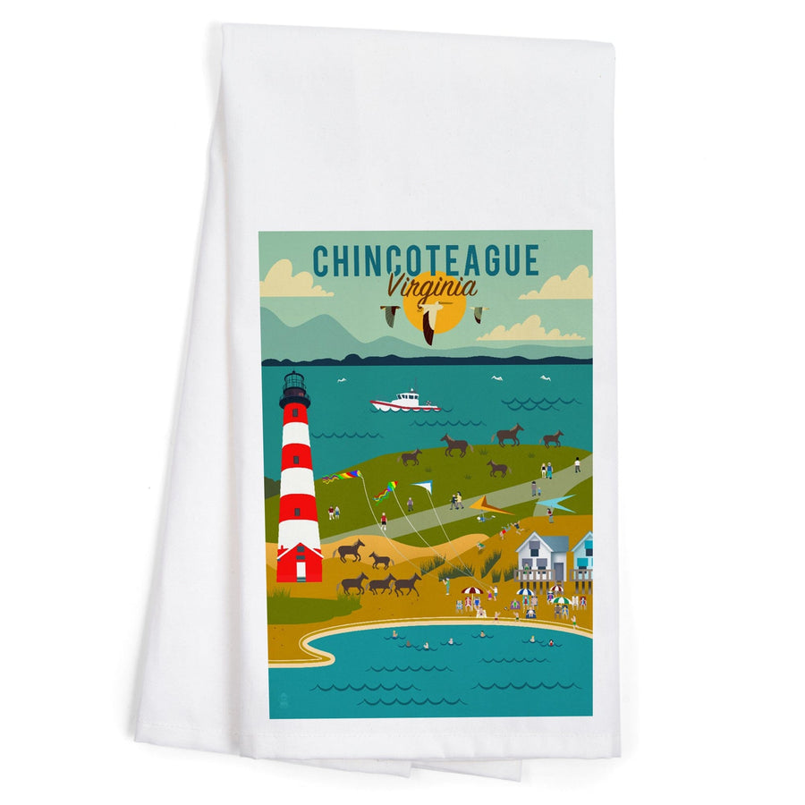 Chinconteague, Virginia, Beach, Ocean, and Lighthouse, Geometric, Organic Cotton Kitchen Tea Towels Kitchen Lantern Press 