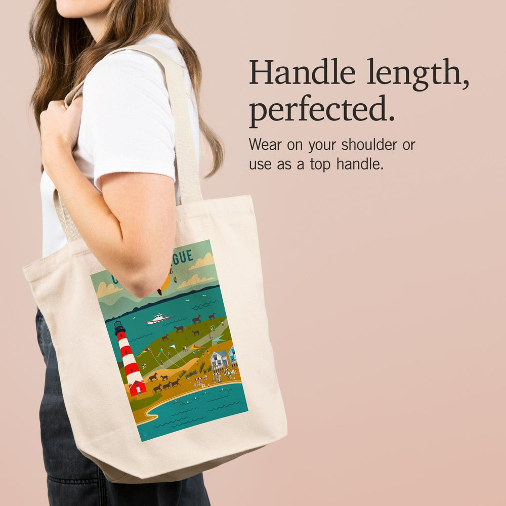 Chinconteague, Virginia, Beach, Ocean, and Lighthouse, Geometric, Tote Bag Totes Lantern Press 