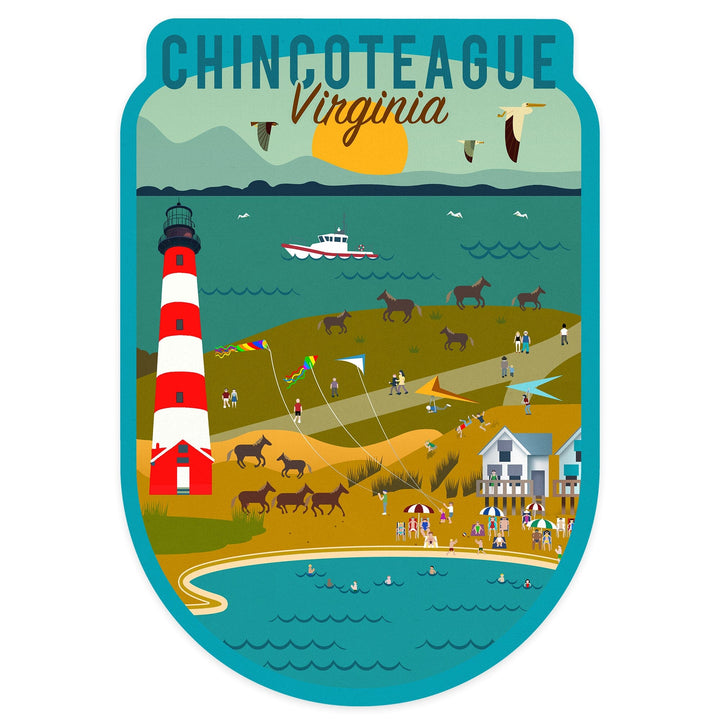 Chinconteague, Virginia, Beach, Ocean, & Lighthouse, Geometric, Contour, Lantern Press Artwork, Vinyl Sticker - Lantern Press