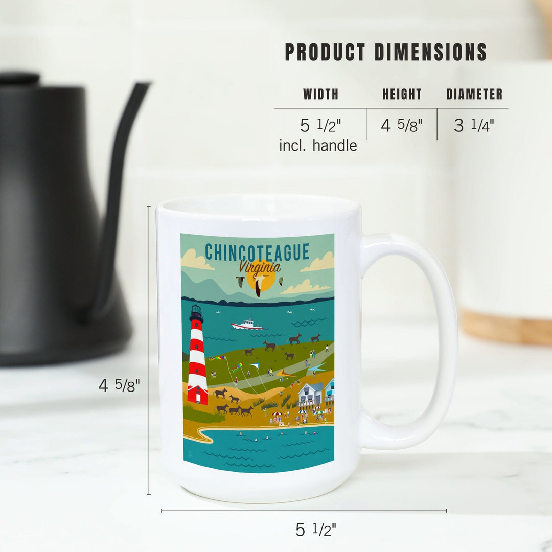 Chinconteague, Virginia, Beach, Ocean, & Lighthouse, Geometric, Lantern Press Artwork, Ceramic Mug Mugs Lantern Press 