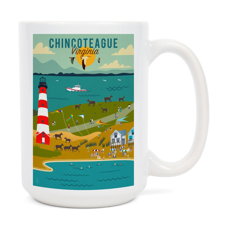 Chinconteague, Virginia, Beach, Ocean, & Lighthouse, Geometric, Lantern Press Artwork, Ceramic Mug Mugs Lantern Press 