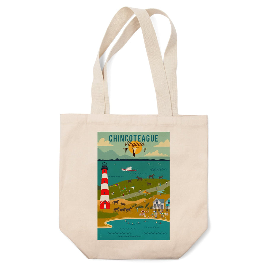 Chinconteague, Virginia, Beach, Ocean, & Lighthouse, Geometric, Lantern Press Artwork, Tote Bag Totes Lantern Press 