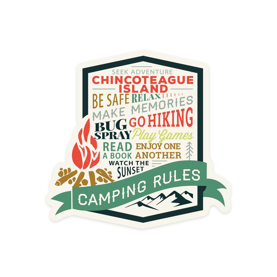 Chincoteague Island, Virginia, Camping Rules, Typography, Contour, Vinyl Sticker Sticker Lantern Press 