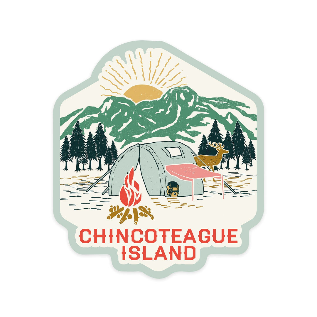 Chincoteague Island, Virginia, Camping Scene, Contour, Vinyl Sticker Sticker Lantern Press 