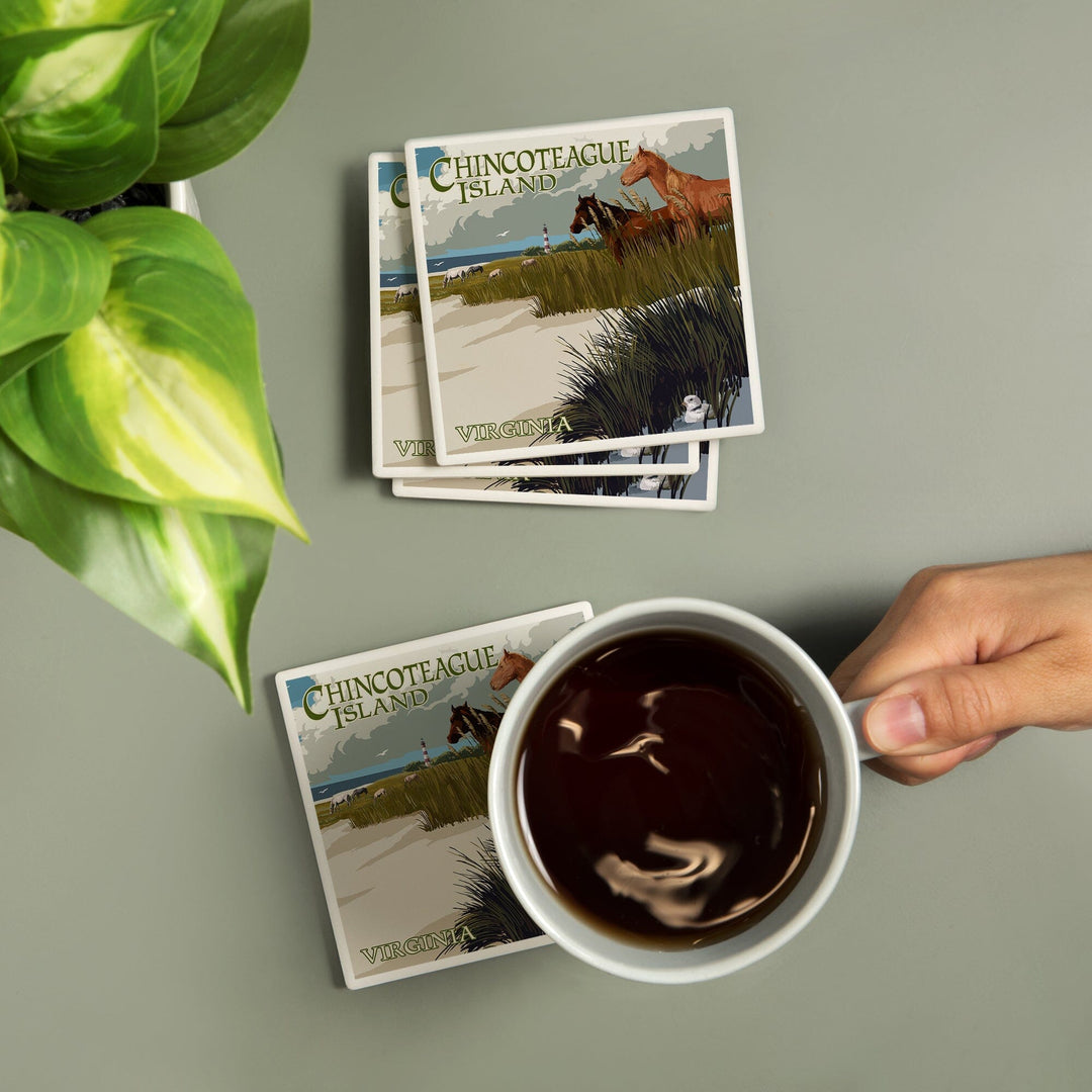 Chincoteague Island, Virginia, Horses and Dunes, Coasters Coasters Lantern Press 