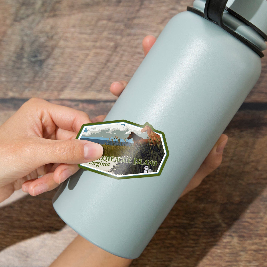 Chincoteague Island, Virginia, Horses and Dunes (Horizontal), Contour, Vinyl Sticker - Lantern Press