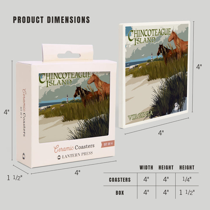 Chincoteague Island, Virginia, Horses & Dunes, Lantern Press Artwork, Coaster Set - Lantern Press