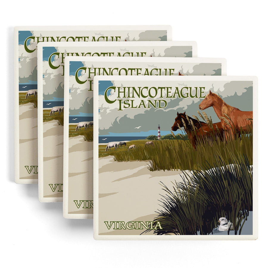 Chincoteague Island, Virginia, Horses & Dunes, Lantern Press Artwork, Coaster Set - Lantern Press