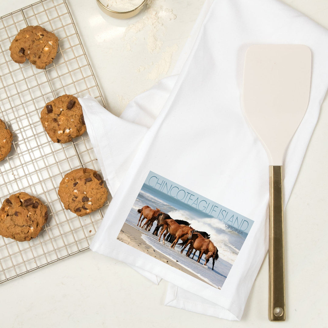 Chincoteague Island, Virginia, Horses on Beach, Organic Cotton Kitchen Tea Towels Kitchen Lantern Press 