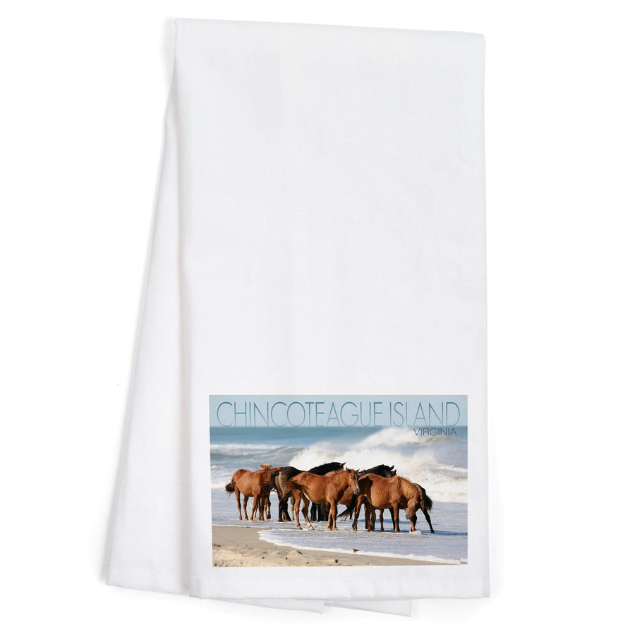Chincoteague Island, Virginia, Horses on Beach, Organic Cotton Kitchen Tea Towels Kitchen Lantern Press 
