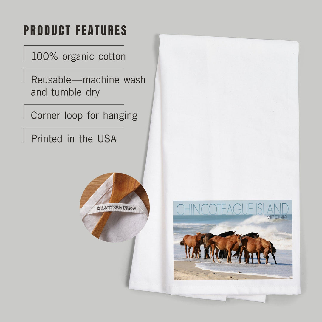 Chincoteague Island, Virginia, Horses on Beach, Organic Cotton Kitchen Tea Towels Kitchen Lantern Press 