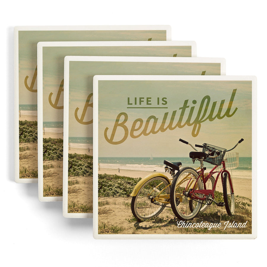 Chincoteague Island, Virginia, Life is Beautiful, Beach Cruisers, Lantern Press Photography, Coaster Set - Lantern Press