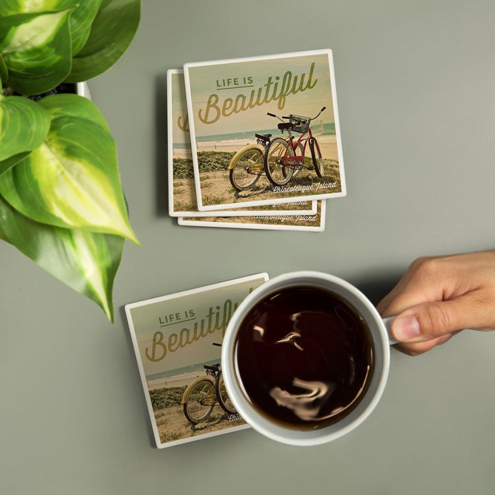 Chincoteague Island, Virginia, Life is Beautiful, Beach Cruisers, Lantern Press Photography, Coaster Set - Lantern Press