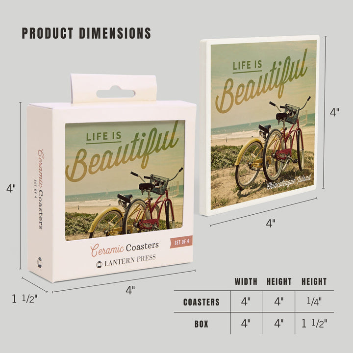 Chincoteague Island, Virginia, Life is Beautiful, Beach Cruisers, Lantern Press Photography, Coaster Set - Lantern Press