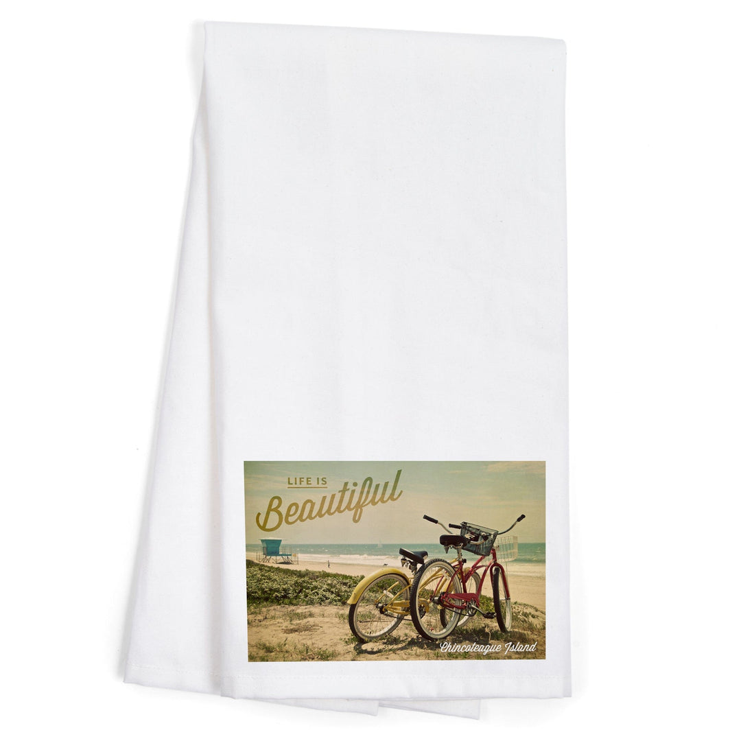 Chincoteague Island, Virginia, Life is Beautiful, Beach Cruisers, Organic Cotton Kitchen Tea Towels - Lantern Press