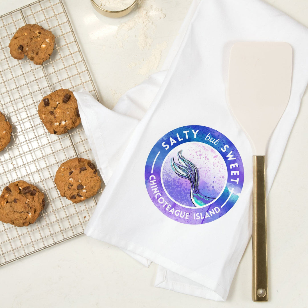 Chincoteague Island, Virginia, Salty but Sweet, Mermaid Tail, Contour, Organic Cotton Kitchen Tea Towels Kitchen Lantern Press 