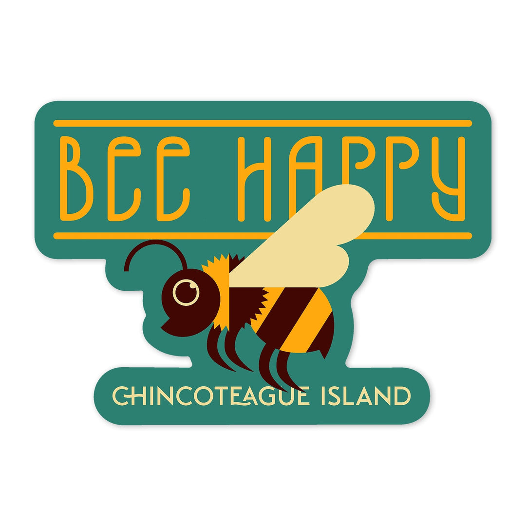 Chincoteague, Virginia, Bee Happy, Geometric, Contour, Vinyl Sticker Sticker Lantern Press 