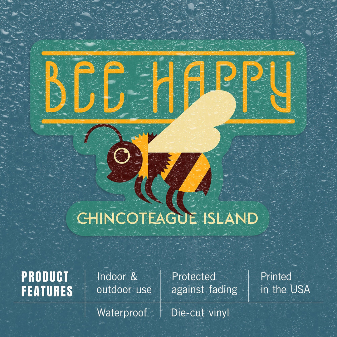 Chincoteague, Virginia, Bee Happy, Geometric, Contour, Vinyl Sticker Sticker Lantern Press 