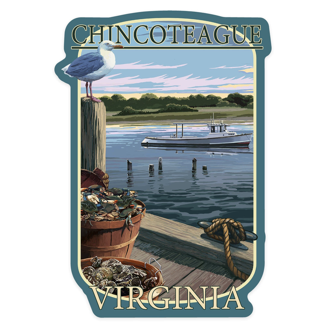 Chincoteague, Virginia, Blue Crab and Oysters on Dock, Contour, Vinyl Sticker - Lantern Press