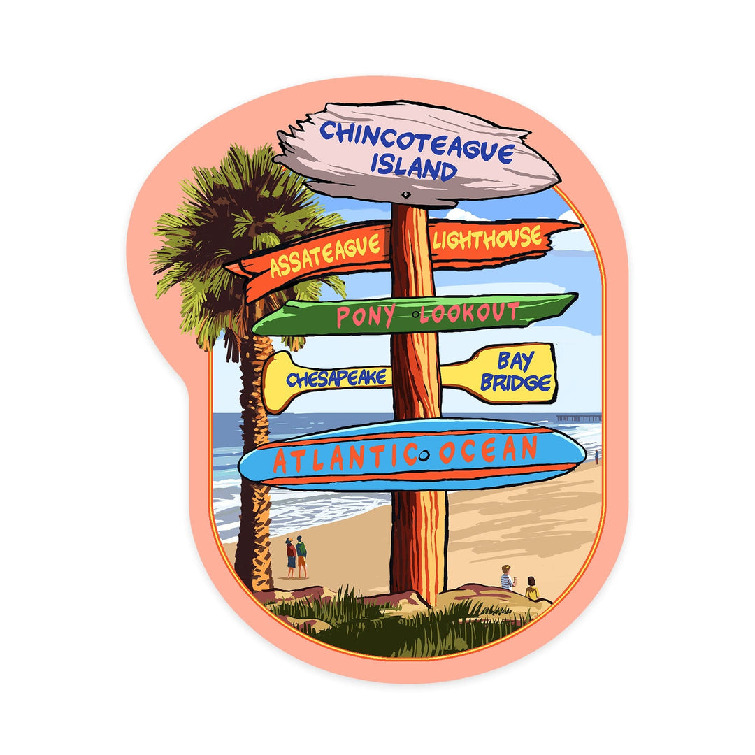 Chincoteague, Virginia, Destination Signpost, Beach, Contour, Vinyl Sticker - Lantern Press