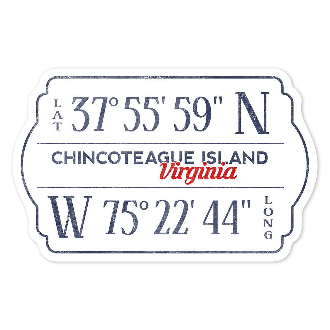 Chincoteague, Virginia, Lattitude and Longitude, Red, Contour, Vinyl Sticker Sticker Lantern Press 