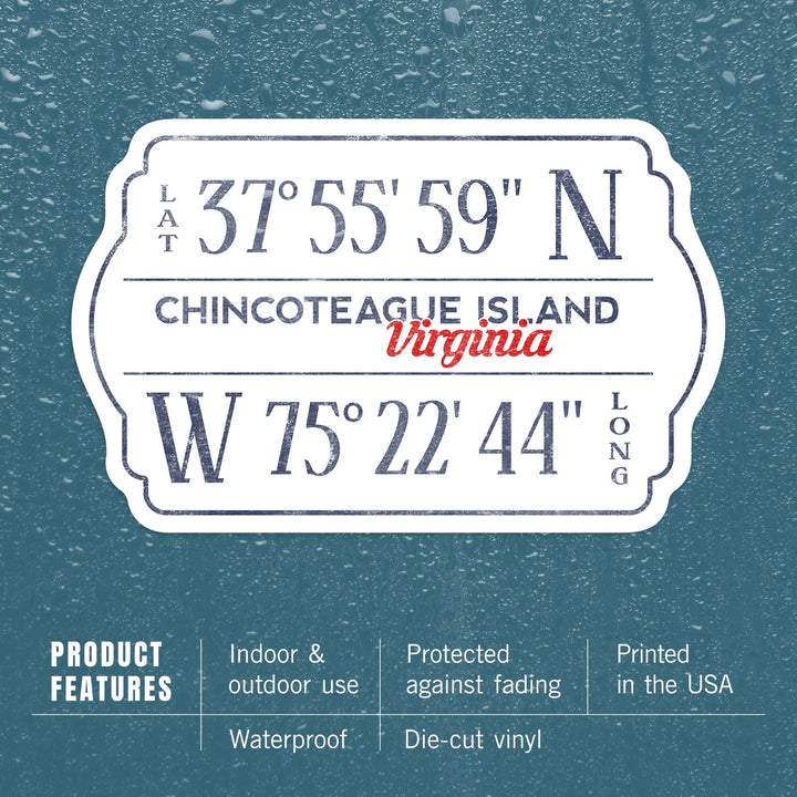 Chincoteague, Virginia, Lattitude and Longitude, Red, Contour, Vinyl Sticker Sticker Lantern Press 