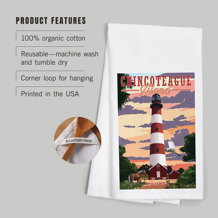 Chincoteague, Virginia, Lighthouse, Organic Cotton Kitchen Tea Towels - Lantern Press