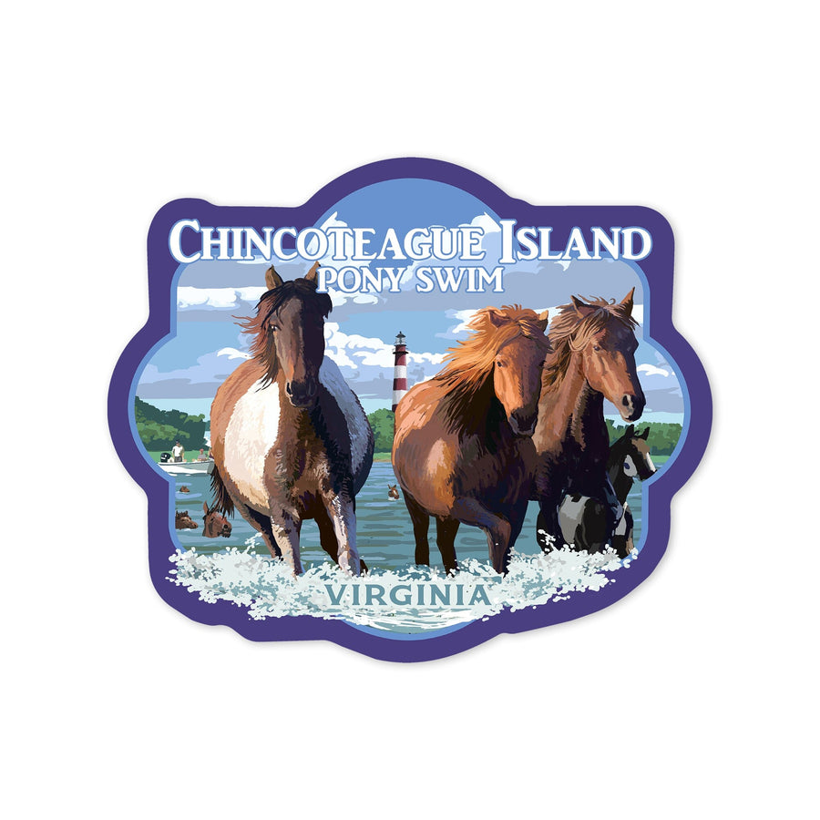 Chincoteague, Virginia, Pony Swim (Horizontal), Contour, Vinyl Sticker Sticker Lantern Press 