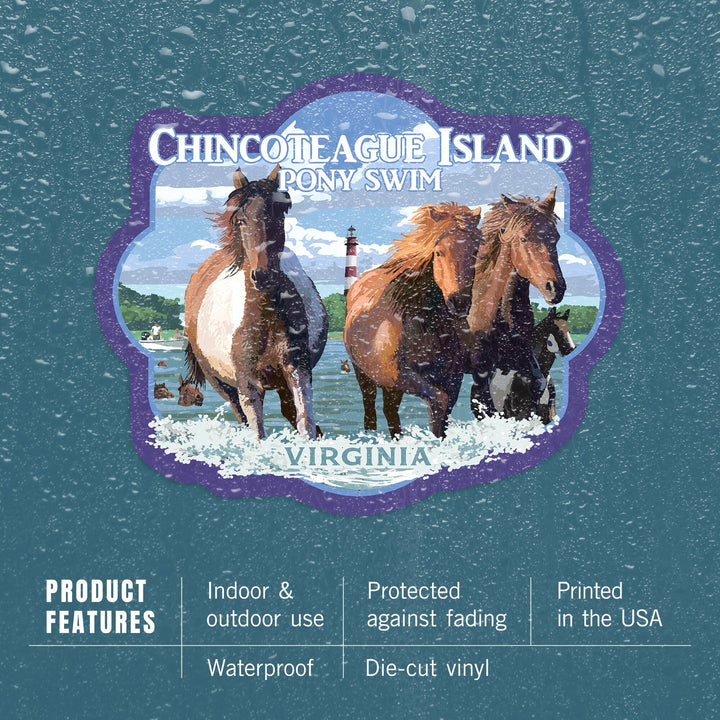 Chincoteague, Virginia, Pony Swim (Horizontal), Contour, Vinyl Sticker Sticker Lantern Press 