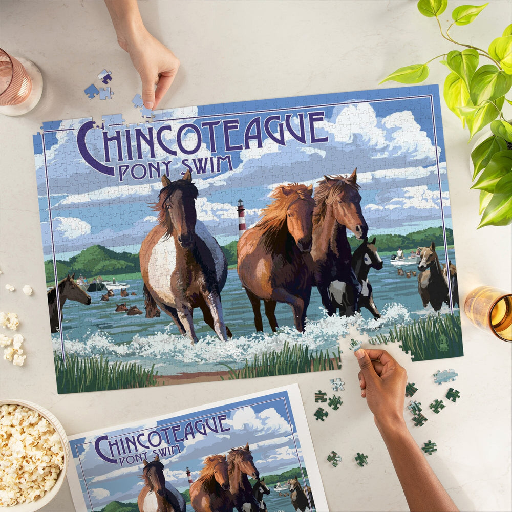 Chincoteague, Virginia, Pony Swim (Horizontal), Jigsaw Puzzle Puzzle Lantern Press 