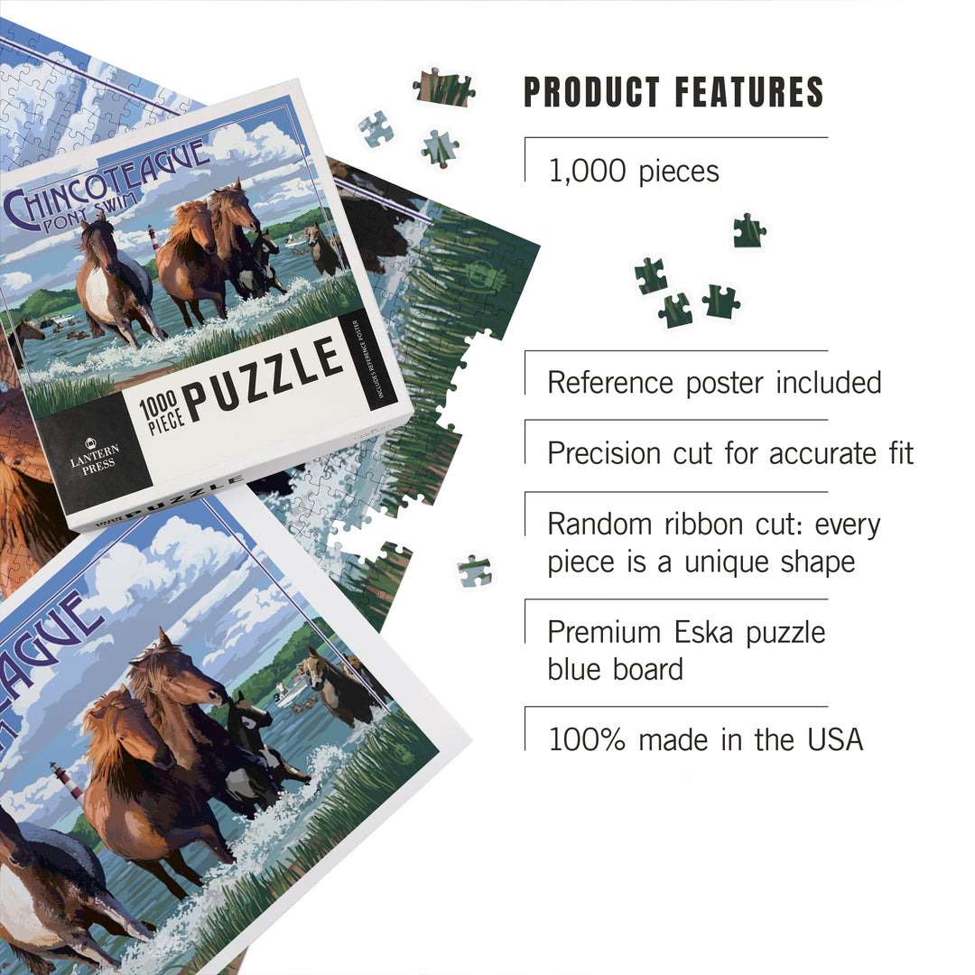Chincoteague, Virginia, Pony Swim (Horizontal), Jigsaw Puzzle Puzzle Lantern Press 