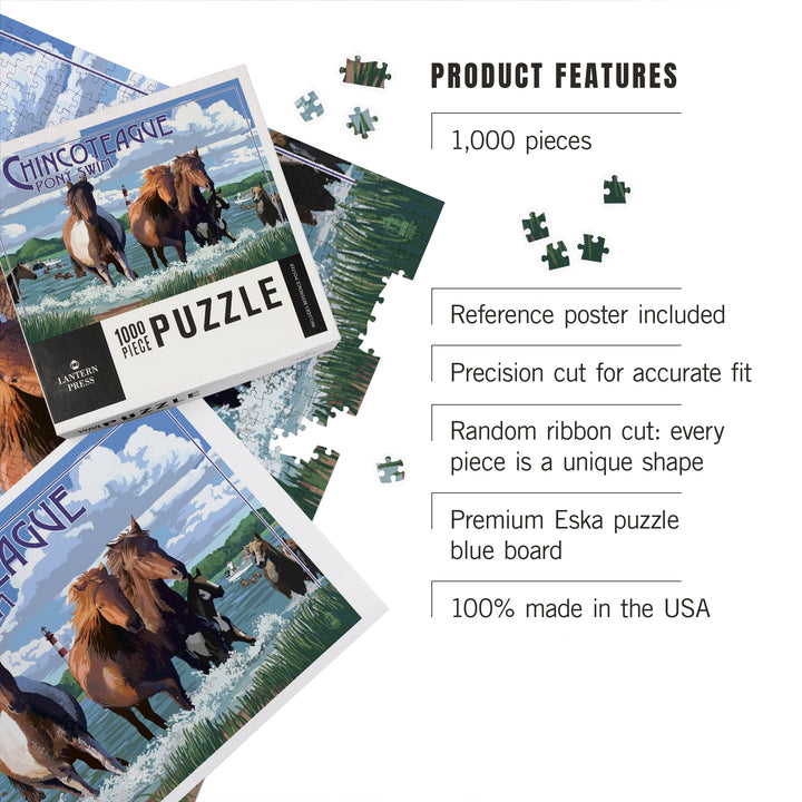 Chincoteague, Virginia, Pony Swim (Horizontal), Jigsaw Puzzle Puzzle Lantern Press 