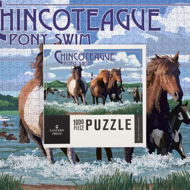 Chincoteague, Virginia, Pony Swim (Horizontal), Jigsaw Puzzle Puzzle Lantern Press 