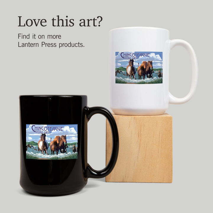 Chincoteague, Virginia, Pony Swim (Horizontal), Lantern Press Artwork, Ceramic Mug Mugs Lantern Press 
