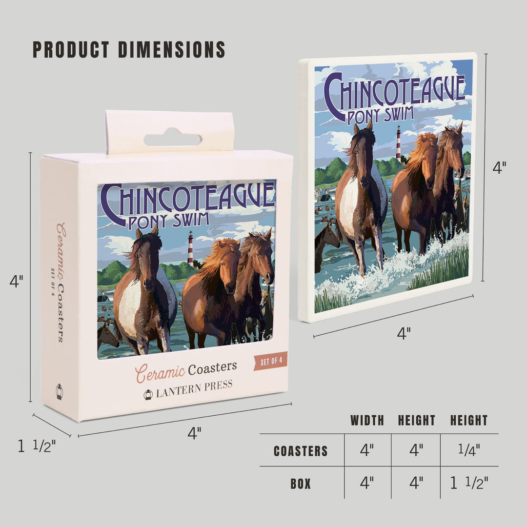 Chincoteague, Virginia, Pony Swim (Horizontal), Lantern Press Artwork, Coaster Set - Lantern Press