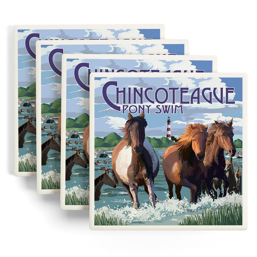 Chincoteague, Virginia, Pony Swim (Horizontal), Lantern Press Artwork, Coaster Set - Lantern Press